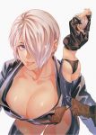  angel_(kof) ass blue_eyes boots bra breasts chaps cowboy_boots cropped_jacket fingerless_gloves gloves hair_over_one_eye jacket large_breasts leather leather_jacket snk sokytk2 solo strapless strapless_bra the_king_of_fighters the_king_of_fighters_2001 toned tongue tongue_out underwear white_hair 