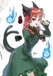  1girl :3 :d animal_ears bow braid cat_ears cat_tail clenched_hands dress fang ghost green_dress hair_bow hitodama kaenbyou_rin looking_at_viewer multiple_tails paw_pose puffy_sleeves pukupuku386 red_eyes red_hair simple_background skull slit_pupils smile solo tail touhou twin_braids two_tails 