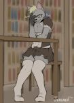  animal_crossing anthro bodily_fluids clothed clothing crossdressing cum cum_in_clothing cum_through_clothing eyewear genital_fluids glasses hand_on_face hi_res jeremeh legwear library maid_uniform male nintendo orgasm_face raymond_(animal_crossing) shaking sitting solo thigh_highs under_table uniform video_games wet wet_clothing 