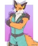 anthro belt canid canine clothing crossed_arms epic_games fennix_(fortnite) fortnite fox fur gloves handwear hi_res juliart15 latex latex_clothing looking_at_viewer male mammal orange_body orange_fur sharp_teeth simple_background solo spikes standing suit tail teeth white_body white_fur