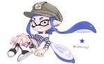  1girl black_shorts blue_eyes blue_hair closed_mouth commission eyelashes full_body grey_headwear grey_trim inkling_girl inkling_player_character long_hair looking_at_viewer pink_socks pointy_ears print_headwear shirt shoes short_shorts shorts simple_background smile socks solo spl8ya splatoon_(series) star_(symbol) striped_clothes striped_shirt striped_socks tentacle_hair thick_eyebrows two-tone_socks white_background white_footwear white_socks 
