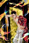  1boy arsene_lupin_iii black_hair blz cowboy_shot hand_on_own_hip long_sleeves looking_to_the_side lupin_iii navel off-shoulder_shirt off_shoulder open_fly pants red_eyes red_shirt shirt sideburns smirk smoking solo standing white_pants yellow_background 