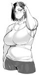  asian_mythology big_breasts blush bottomwear breasts clothed clothing demon ear_piercing ear_ring east_asian_mythology elf-san_wa_yaserarenai. female hair hi_res horn horned_humanoid humanoid humanoid_pointy_ears japanese_mythology mammal monochrome mythology not_furry oga-san oni pants piercing shirt slightly_chubby solo synecdoche topwear wide_hips yōkai 