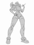  1girl arcee armor backpack bag hand_on_own_hip highres holding holding_pencil humanoid_robot monochrome mrgoogone narrow_waist panties pencil robot robot_girl solo transformers underwear unfinished 
