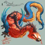  animal_focus blue_background chimera claws commentary dragon english_commentary forked_tongue from_above full_body highres leg_wings monster multiple_views multiple_wings original signature simple_background sketch_inset tail tongue tongue_out twitter_username wings yamamura_le yellow_eyes 