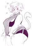 2_horns anthro bella_(bypbap) biped blush blush_lines bovid bovine bra bypbap cattle clothed clothing ear_piercing female flower horn lingerie mammal monochrome piercing plant raised_tail simple_background skimpy solo standing tail thick_thighs tongue tongue_out underwear