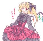  1girl alternate_costume aokukou black_bow blonde_hair bow collar crystal dress fang flandre_scarlet frilled_bow frilled_dress frills hair_bow light_blush long_sleeves looking_at_viewer one_side_up open_mouth red_brooch red_eyes short_hair side_ponytail simple_background skin_fang skirt_hold smile solo touhou translation_request white_background wings 