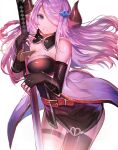  1girl black_dress blue_eyes breasts cleavage detached_collar dress fingerless_gloves gloves granblue_fantasy hair_ornament hair_over_one_eye hairclip highres holding holding_sword holding_weapon horns katana large_breasts long_hair narmaya_(granblue_fantasy) purple_hair solo strapless sword tarbo_(exxxpiation) thighhighs weapon 