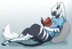  2019 5_fingers anthro bean_bag big_breasts blue_clothing blue_shirt blue_topwear book bottomless breasts clothed clothing dungeons_and_dragons english_text equid equine female fingers gradient_background hair hasbro hooves kitsuneten long_hair mammal reading shirt simple_background sitting smile snout solo text topwear white_hair wizards_of_the_coast zebra 