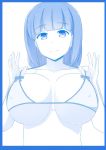  1girl arm_up arms_at_sides arms_up bikini bikini_pull blue_theme breast_hold breasts cleavage clothes_pull huge_breasts large_breasts long_hair looking_at_viewer monochrome naozuri nipples original ribbon simple_background smile solo swimsuit upper_body white_background 