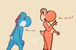  achi1 ambiguous_gender anthro backsack balls belly biped blue_yoshi butt compliment confusion duo freckles genitals glistening glistening_body glistening_skin hi_res leaning looking_back male male/male male_anthro mario_bros nervous nintendo nude orange_yoshi outline short_tail simple_background tail yoshi 