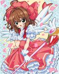  1girl ahoge blush bow bowtie brown_hair cardcaptor_sakura cowboy_shot dot_nose dress dress_bow feathered_wings finger_to_mouth frilled_dress frilled_gloves frills fuuin_no_tsue gloves green_eyes hair_between_eyes hair_intakes hand_up highres holding holding_wand index_finger_raised kinomoto_sakura long_hair looking_at_viewer open_mouth petals pink_dress puffy_short_sleeves puffy_sleeves red_bow red_bowtie red_headwear short_sleeves sidelocks smile solo straight_hair take_shinobu two-tone_dress wand white_dress white_gloves white_wings wings yellow_background 