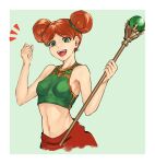  1girl absurdres breasts character_request double_bun hair_bun highres holding holding_staff looking_at_viewer navel open_mouth short_hair smile solo staff 
