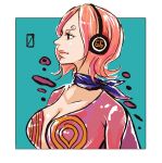  1girl blue_background blue_neckerchief border breasts commentary_request curly_eyebrows dress headphones highres neckerchief one_piece pink_dress pink_hair pink_lips profile short_hair solo square torapunch vinsmoke_reiju white_border 