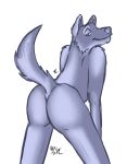 anthro butt canid canine canis dritazura looking_back male mammal presenting presenting_hindquarters raised_tail smile solo tail wolf