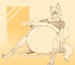 anthro anuki belly belly_inflation breasts canid canine chubby_belly cleavage clothed clothing eyewear female fox glasses hair hi_res hose hyper hyper_inflation inflation mammal solo xenia_(linux_fox)