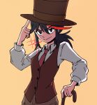  1girl alternate_costume alternate_hairstyle black_hair breasts brown_headwear brown_vest closed_mouth collared_shirt cowboy_shot formal hair_between_eyes hand_up hat highres kill_la_kill long_sleeves matoi_ryuuko orange_background ponytail red_hair risu_(matoirisu) shirt small_breasts smile solo sparkle top_hat vest 