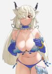  1girl bare_shoulders bikini blue_bikini blue_choker blue_gloves breasts brown_eyes choker cleavage collarbone commentary cosplay cowboy_shot elbow_gloves extra_ears frilled_bikini frilled_choker frilled_gloves frills gloves grey_background hair_over_one_eye highres kemono_friends large_breasts long_hair low_twintails midriff navel one_eye_covered ox_ears ox_girl ox_horns ox_tail parted_lips sidelocks simple_background solo steller&#039;s_sea_cow_(kemono_friends) steller&#039;s_sea_cow_(kemono_friends)_(cosplay) swimsuit tanabe_(fueisei) thigh_gap twintails white_hair yak_(kemono_friends) 