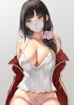  1girl bare_shoulders black_eyes black_hair blunt_bangs breasts camisole cleavage commentary_request grey_background hair_over_shoulder halterneck highres jacket large_breasts long_hair looking_at_viewer mask mole mole_on_neck mouth_mask nijisanji off_shoulder open_clothes open_jacket panties pink_panties red_jacket serizawa_(serizawaroom) solo suzuka_utako track_jacket underwear virtual_youtuber white_camisole 
