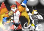 abs anthro avian biceps bulge champion_belt clothed clothing dragon duo electronics flash_light gryphon hi_res horn male microphone muscular muscular_male mythological_avian mythology nipples raising_arm shinobiya size_difference topless wings wrestling_boots wrestling_briefs wrestling_gear