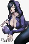  1girl black_hair black_nails blue_eyes breasts cleavage copyright_name crystal_ball hair_over_one_eye highres hood hooded_shirt looking_at_viewer madame_shirley mermaid monster_girl one_piece runa_3152 short_hair simple_background solo white_background 