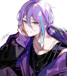  1boy absurdres black_shirt blue_hair closed_mouth collarbone double-parted_bangs fuzichoco hair_between_eyes hair_tie hand_on_own_face hashtag_only_commentary highres jacket jewelry kamishiro_rui looking_at_viewer multicolored_hair multiple_rings necklace partially_unzipped project_sekai purple_hair purple_jacket ring shirt short_hair short_ponytail signature simple_background smile solo star_(symbol) star_necklace streaked_hair white_background yellow_eyes zozotown 