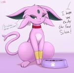 absurd_res an-tonio collar digital_media_(artwork) eeveelution espeon female feral generation_2_pokemon green_eyes hi_res jewelry nintendo pokemon pokemon_(species) silvia_(an-tonio) simple_background solo text