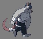 2024 angry anthro bandage bottomwear brok_the_investigator clothing fur glassesgator grey_body grey_fur knife male mammal murid murine pants rat rodent simple_background solo squealers_chief walking