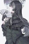  1girl absurdres black_gloves black_hair black_theme blue_eyes dress folding_fan frilled_dress frills gloves green_dress grey_hair hand_fan highres holding holding_fan hololive hololive_dev_is juufuutei_raden long_hair multicolored_hair profile suimin_(sui_0y0) two-tone_hair virtual_youtuber wide_sleeves 