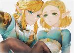  1boy 1girl black_pants blonde_hair blue_eyes blue_shirt braid breasts carrying champion&#039;s_tunic_(zelda) commentary_request crown_braid earrings grey_background hair_ornament hairclip highres jewelry large_breasts light_blush link looking_at_another looking_at_viewer pants parted_bangs parted_lips princess_carry princess_zelda selfie shirt short_hair short_ponytail signature smile the_legend_of_zelda the_legend_of_zelda:_tears_of_the_kingdom tsujieiri 