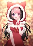  1girl absurdres animal_ear_hood arm_garter black_hair blurry blurry_background bow bowtie breasts darlingstrawb dress fang fur-trimmed_dress fur-trimmed_hood fur_trim heart heart-shaped_pupils highres hood indie_virtual_youtuber juuroku_anna long_hair multicolored_hair open_mouth pink_eyes pink_hair purple_eyes red_bow red_bowtie red_dress red_hood santa_dress second-party_source solo strawberry_brooch symbol-shaped_pupils two-tone_hair virtual_youtuber 