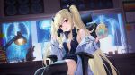  1girl 504_gateway azur_lane black_gloves black_thighhighs blonde_hair breasts character_request desk_lamp gloves highres indoors lamp long_hair looking_at_viewer manjuu_(azur_lane) microscope partially_unzipped red_eyes ribs small_breasts solo thighhighs twintails very_long_hair x-ray_film 