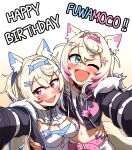  2girls animal_ear_fluff animal_ears black_collar blonde_hair blue_eyes blue_hair breasts cleavage collar ddolbang dog_ears dog_girl dog_tail fuwawa_abyssgard hair_ornament highres hololive hololive_english large_breasts long_hair looking_at_viewer mococo_abyssgard multicolored_hair multiple_girls one_eye_closed open_mouth pink_eyes pink_hair short_hair siblings sisters streaked_hair tail twins two_side_up virtual_youtuber 