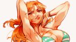  1girl arm_tattoo arms_up bikini bikini_top_only bracelet breasts close-up english_commentary highres jewelry log_pose long_hair looking_at_viewer nami_(one_piece) one_piece orange_eyes orange_hair simple_background solo swimsuit tattoo vanxllavina white_background 