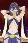  1girl alternate_costume arabian_clothes armpits bare_shoulders belly_dancing blue_dress blue_eyes breasts closed_mouth dress enzo_benitez_7 fu_hua gloves grey_hair hair_between_eyes harem_outfit highres honkai_(series) honkai_impact_3rd long_hair looking_at_viewer mouth_veil navel red_curtains small_breasts smile solo stomach thighs veil yellow_gloves yellow_rope 