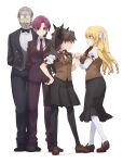  1boy 3girls black_bow black_bowtie black_footwear black_hair black_jacket black_pantyhose black_skirt blonde_hair bow bowtie breasts brown_cardigan brown_footwear cardigan character_request drill_hair facial_hair fate/kaleid_liner_prisma_illya fate_(series) formal glasses grey_hair hair_ornament jacket large_breasts long_hair luviagelita_edelfelt medium_breasts multiple_girls mustache necktie official_art old old_man pants pantyhose profile puffy_short_sleeves puffy_sleeves purple_eyes purple_hair purple_jacket purple_pants school_uniform shirt shoes short_hair short_sleeves skirt standing suit tohsaka_rin white_pantyhose white_shirt 