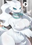 4_toes anthro big_breasts blue_eyes blush breasts cheek_tuft chest_tuft clawed_fingers claws cleavage clothed clothing crotch_tuft dragon facial_tuft feet female fur generation_5_pokemon hi_res holding_breast kyameta legendary_pokemon navel nintendo pokemon pokemon_(species) question_mark reshiram solo tail thick_thighs toes tuft white_body white_fur