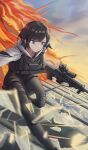  1girl absurdres black_hair blue_eyes body_armor broken_glass bullpup cloud commentary commission english_commentary explosion firing glass gun highres hood hoodie jacket knee_pads original pants rifle short_hair sky solo weapon zaq_(zaqsta) 