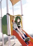  1girl :o black_footwear blue_sky brown_eyes cloud cloudy_sky commentary_request day green_hair green_hairband hairband highres japanese_clothes kimono lamb_(hitsujiniku) long_hair muneate outdoors parted_lips sandals shoe_soles sitting sky slide socks solo touhoku_zunko very_long_hair voiceroid white_kimono white_socks zouri 