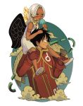  1boy 1girl black_eyes black_hair black_wings blush carrying closed_mouth commentary dark-skinned_female dark_skin dress earrings english_commentary feathered_wings fire food highres holding holding_food holding_ice_cream ice_cream ice_cream_cone jewelry long_hair ltenie monkey_d._luffy official_alternate_costume one_piece s-snake seraphim_(one_piece) short_hair shoulder_carry smile snake_earrings tongue tongue_out white_dress wings 