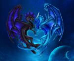 ambiguous_gender black_body blue_body brokshax_(character) dragon duo feral flying glowing hi_res planet red_eyes selianth sky space star starry_sky vality yellow_eyes