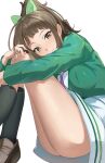  1girl absurdres ass blunt_bangs blush brown_eyes brown_hair clothes_around_waist commission green_socks highres hisami_nanami kneehighs long_hair looking_at_viewer pixiv_commission ponytail simple_background sitting smile socks solo uouokuma wake_up_girls! white_background 