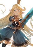  1girl blonde_hair blue_dress blue_eyes charlotta_(granblue_fantasy) closed_mouth commentary_request crown dress fagi_(kakikaki) gloves granblue_fantasy highres holding holding_sword holding_weapon long_hair pointy_ears simple_background smile solo standing sword very_long_hair weapon white_background 