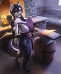 2020 4_toes 5_fingers anthro apron apron_only big_breasts breasts butt butt_pose clothed clothing detailed_background digital_media_(artwork) eruca eyebrows eyelashes female fingers hair hi_res huge_breasts melee_weapon mostly_nude pose purple_hair solo sword toes weapon 