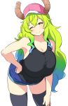  black_thighhighs blonde_hair blue_hair bonbas24 breasts cleavage closed_mouth denim denim_shorts gradient_hair green_hair hand_on_own_hip hand_on_own_leg hat horns huge_breasts kobayashi-san_chi_no_maidragon long_hair looking_at_viewer lucoa_(maidragon) multicolored_hair one_eye_closed pink_headwear shorts simple_background slit_pupils smile thighhighs thighs white_background yellow_eyes 