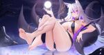  1girl absurdres ass barefoot black_tail blue_eyes breasts commission english_commentary facial_mark full_body heterochromia highres kitsune kyuubi large_breasts large_tail long_hair multicolored_hair multiple_tails night original purple_hair red_eyes revealing_clothes solo streaked_hair tail three_quarter_view two-tone_hair ultra-13 very_long_hair whisker_markings white_hair 