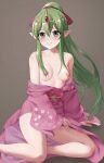  1girl absurdres alternate_costume amayo_thranana bandages bare_shoulders blush commentary_request fire_emblem fire_emblem:_mystery_of_the_emblem fire_emblem:_shadow_dragon_and_the_blade_of_light green_eyes green_hair grey_background highres japanese_clothes kimono long_hair long_sleeves looking_at_viewer nipples obi off_shoulder pink_kimono pink_sash pointy_ears sash simple_background sitting smile solo strapless tiki_(fire_emblem) tube_top very_long_hair wide_sleeves yokozuwari 