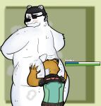 anal anthro armor bear belt blush bodily_fluids butt butt_grab canid canine clothing cunnilingus duo epic_games eye_patch eyewear fennix_(fortnite) fortnite fox fur green_clothing hand_on_butt headgear helmet hi_res male male/male mammal nude oral orange_body orange_fur polar_bear polar_patroller rimming sebboh sex size_difference spikes steam sweat sweaty_butt ursine vaginal white_body white_fur