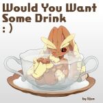 1:1 absurd_res ambiguous_gender anthro arm_support artist_name bathing beverage big_ears biped black_sclera blush bodily_fluids brown_body container cup english_text flat_chested fluffy fur generation_4_pokemon hand_on_face hi_res lagomorph legs_up leporid lopunny lying mammal nintendo on_back one_eye_closed partially_submerged pokemon pokemon_(species) red_eyes saucer scut_tail short_tail simple_background solo sweat tail tea_cup text wet white_background white_body white_fur wink xiao_lijun