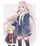  2girls arm_at_side axis_powers_hetalia black_jacket black_pantyhose black_skirt black_thighhighs blonde_hair blue_eyes blue_jacket blush child closed_mouth clothes_grab denim denim_skirt dress drop_shadow fang floating_hair fur-trimmed_jacket fur_trim genderswap genderswap_(mtf) grey_hair hair_flaps hand_in_pocket hand_on_another&#039;s_head hand_up highres holy_roman_empire_(hetalia) jacket long_hair miniskirt multiple_girls open_mouth outside_border pantyhose prussia_(hetalia) purple_eyes red_scarf scar scar_on_cheek scar_on_face scarf shio_konbu_(syoko128) short_hair shy side-by-side skirt standing sweater thighhighs turtleneck turtleneck_sweater very_long_hair white_dress white_sweater yellow_sweater zettai_ryouiki 